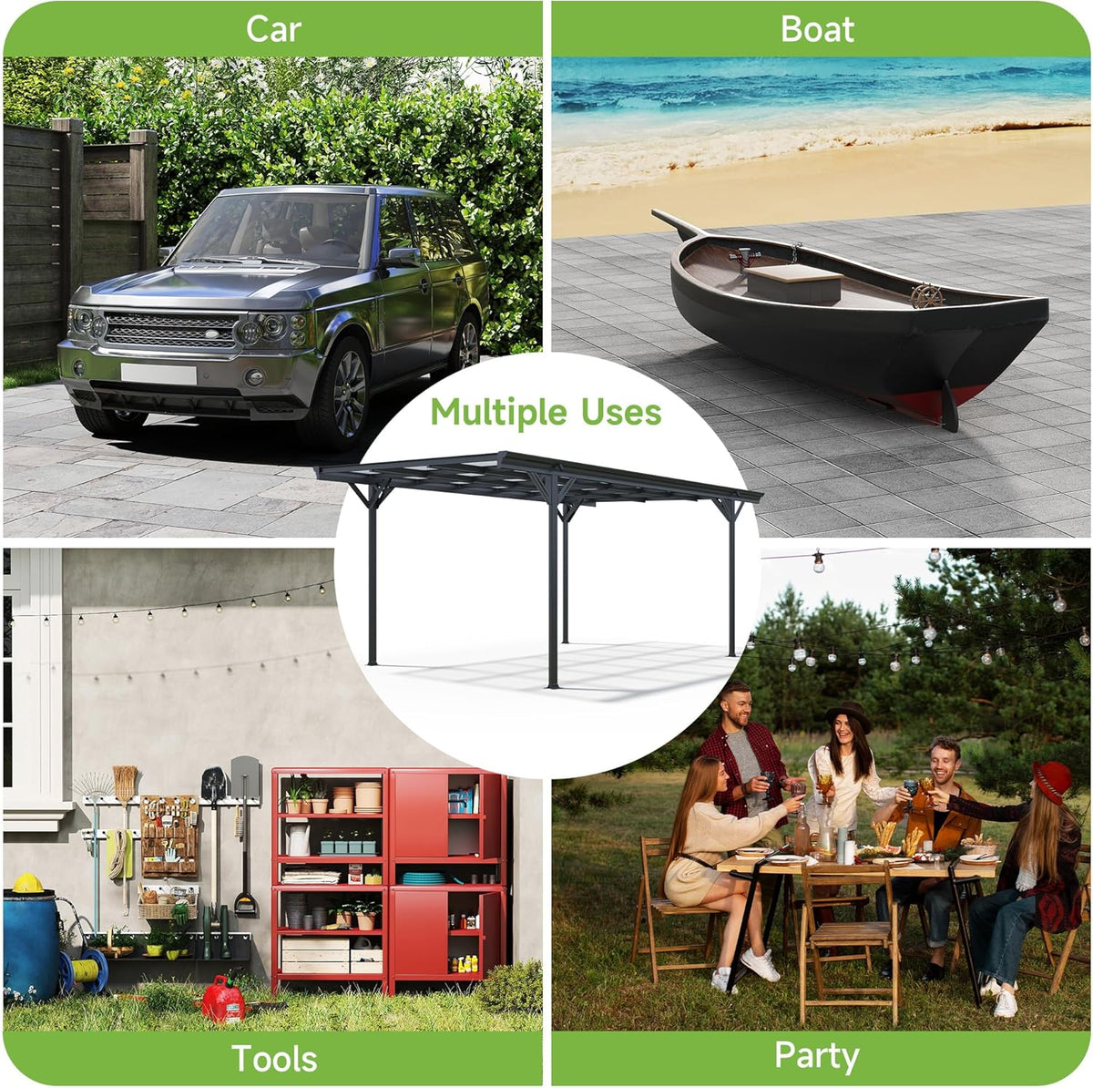 Real Relax 10×16ft Heavy Duty Carport, Pitched-Roof Polycarbonate Panel Canopy, Garage for Trucks, SUVs and Boats, All-Weather Outdoor Storage Car Port, Gray