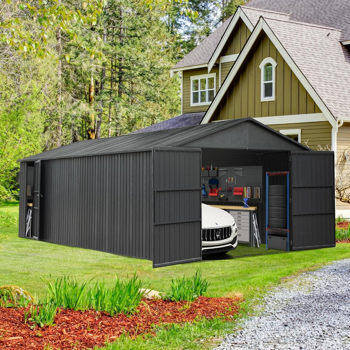 Domi 12'x15' Metal Garage Shed, Heavy Duty Outdoor Steel Carport with Lockable Double, Side Doors, 80MPH Wind and Snow Resistant Enclosed Storage for Cars, Trucks, Motorcycles, Tools, Dark Grey