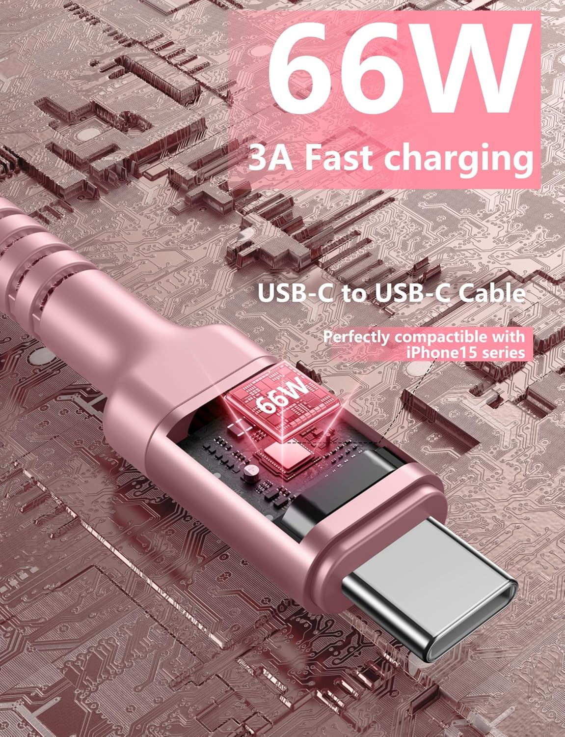 USBC Cable 10FT, 2Pack Long USBC Fast Charging Cable, Nylon Braided USB C to USB C iPhone Charger Cord Compatible with iPhone 16/15/Pro Max/Plus/Samsung Galaxy S23/LG/Switch-Pink
