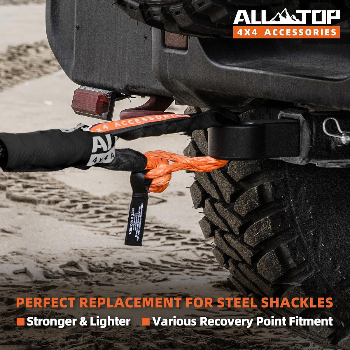ALL-TOP Synthetic Soft Shackle Rope 1/2in x 22in (48300Lbs Max Break) UHMWPE Recovery Tow Shackles for Offroad 4x4 Vehicles, 2 PCS