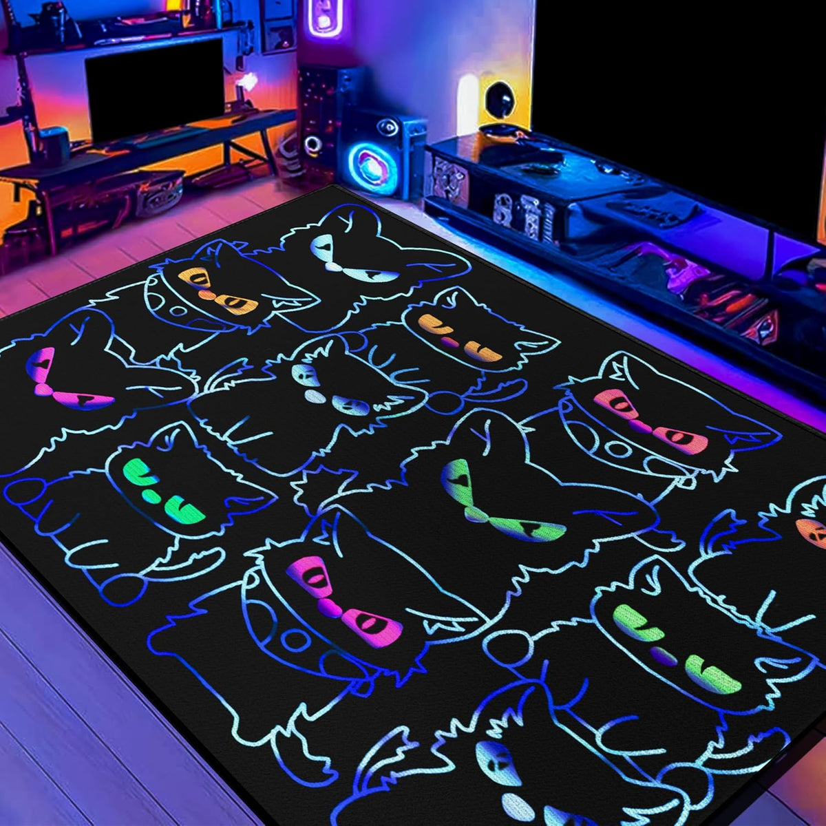 Black Play Cat Rug for Playroom for Boys Girls 59"x39" Funny Cute Cat Cartoon Decor for Bedroom Living Room Non-Slip Comfy Floor Casual Mat Carpet Washable