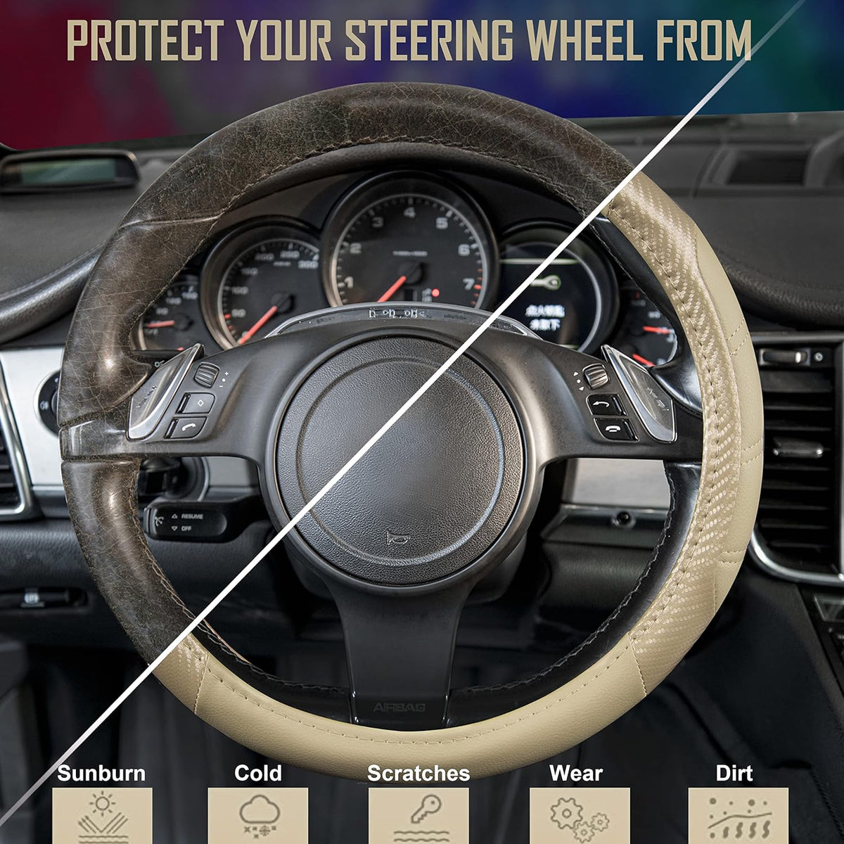 CAR PASS Line Rider Microfiber Leather Sporty Steering Wheel Cover Universal Fits for 95% Truck,SUV,Cars, Anti-Slip Safety Comfortable Desgin (Beige-Carbon Fiber)