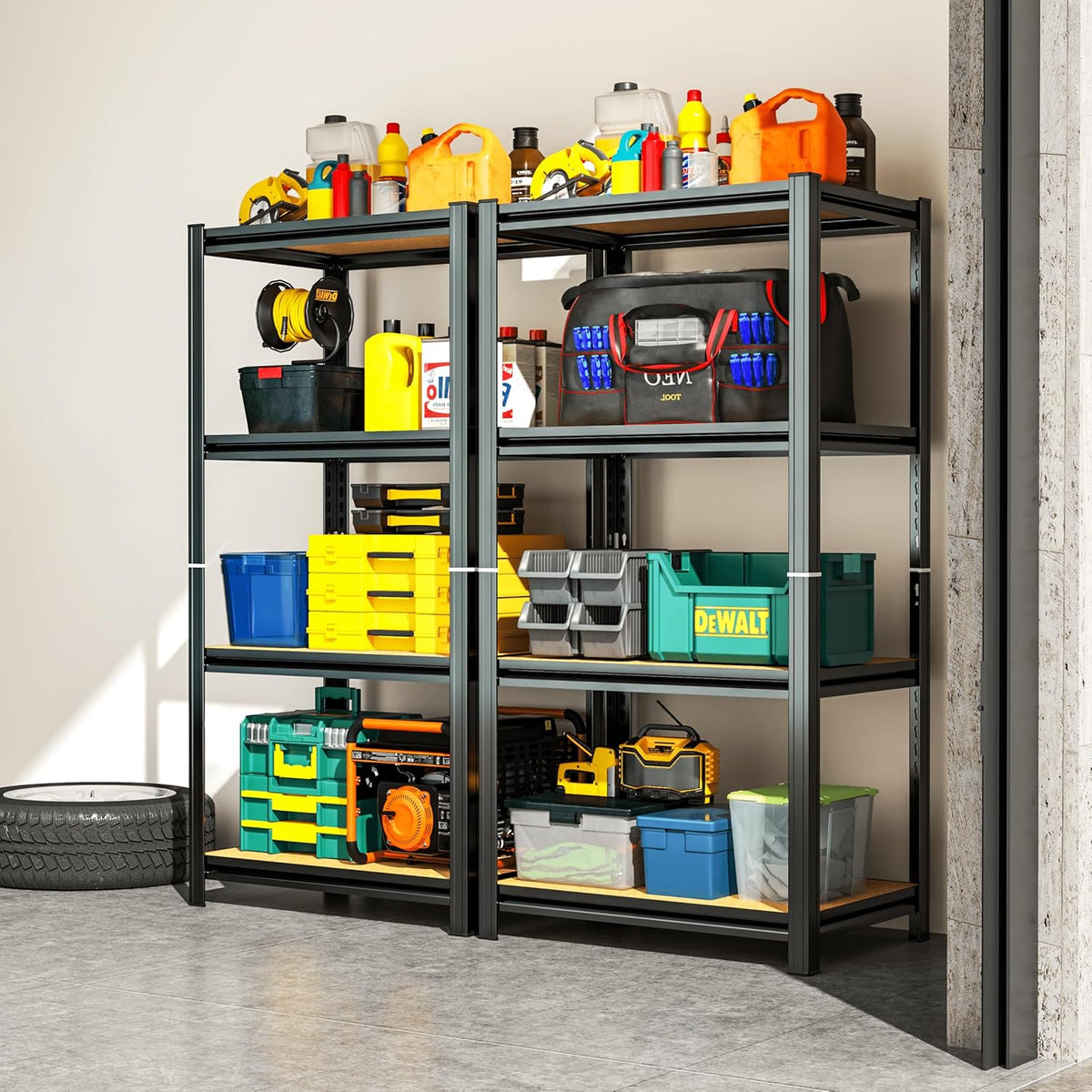 Garage Shelving, 4-Tier Adjustable Storage Shelves, Metal & Wood Pantry Shelf Organizer, Modern Garage Shelving Unit, Utility Storage, (Wood 45.7" H x 23.6" W x 11.8D)