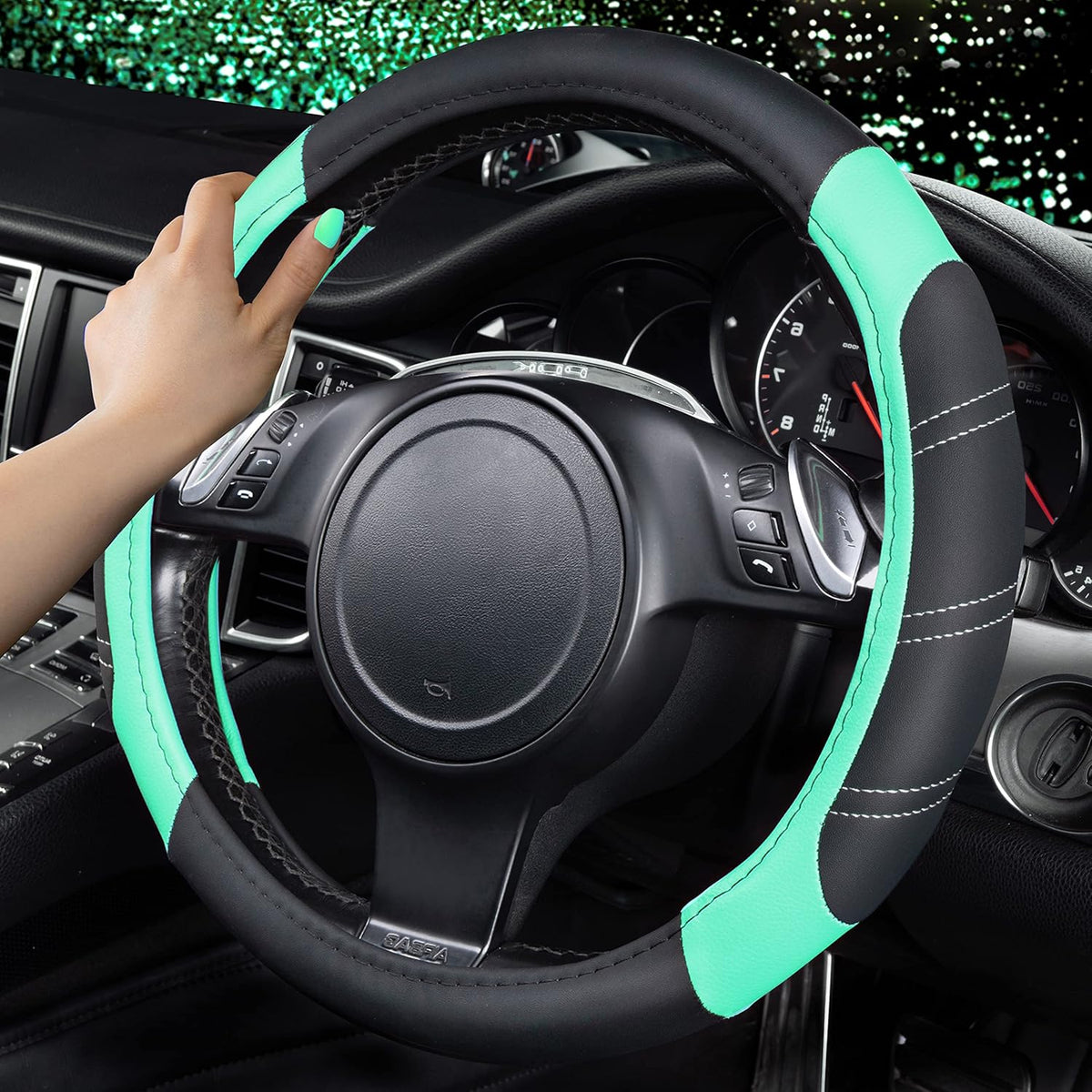CAR PASS Line Rider Microfiber Leather Sporty Steering Wheel Cover Universal Fits for 95% Truck,SUV,Cars, 14.5-15 inch Anti-Slip Safety Comfortable Design (Black Mint Blue)