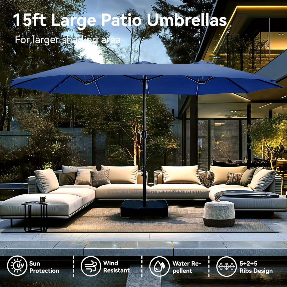 PHI VILLA 15ft Large Patio Umbrellas with Base, Outdoor Double-Sided Rectangle Market Umbrella for Pool Lawn Garden, Haze Blue