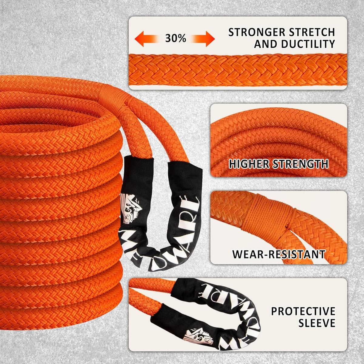 METOWARE Kinetic Recovery Rope (1’’ x 30ft) 35,000 LBS Offroad Tow Kit with 1/2inch x 22 Inch Soft Shackles, Heavy Duty Towing Rope Kit for UTV, ATV, Truck, Car