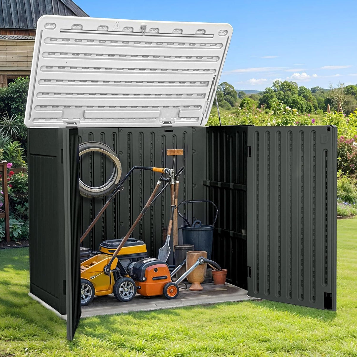 GOOBED 4.5x4ft Outdoor Horizontal Resin Storage Shed, 47 cuft Large Waterproof Tool Shed, No Shelf Included, Lockable, Easy Assembly (Dark Gray)