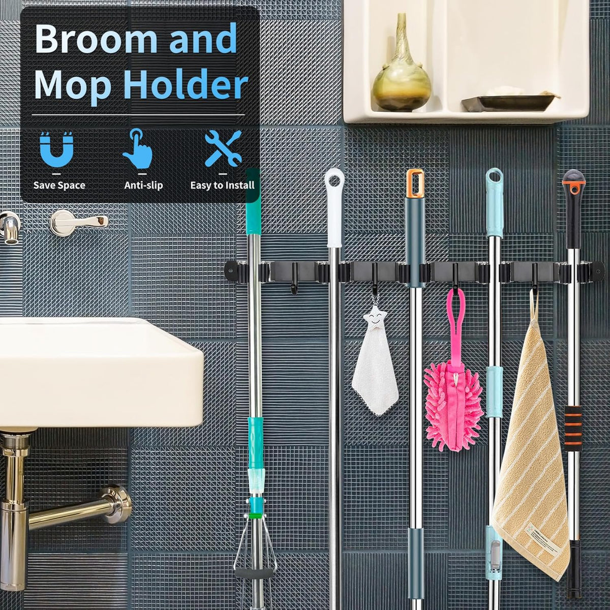 Huryfox Mop and Broom Holder Wall Mounted - Sturdy Stainless Steel Rack with Utility Hooks, 5 Racks, 4 Hooks Adjustable Design and Multiple Storage Organiser Options, Perfect for Kitchen