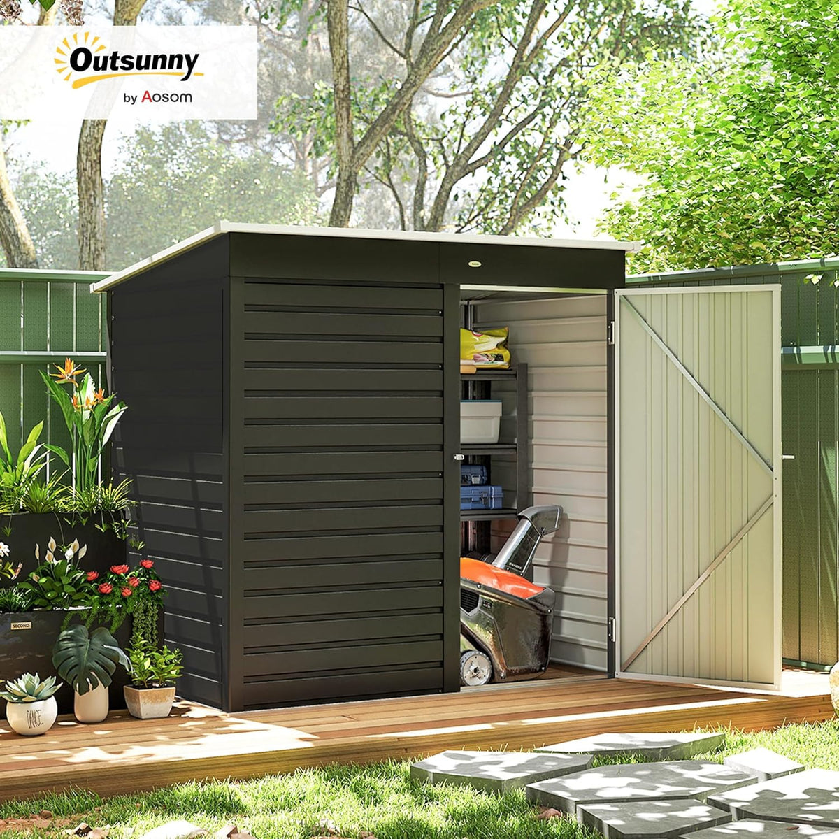 Outsunny 6' x 4' Outdoor Storage Shed, Easy to Assemble, Metal Garden Tool Shed with Lockable Door and Gloves for Backyard Garden Patio Lawn, Dark Gray