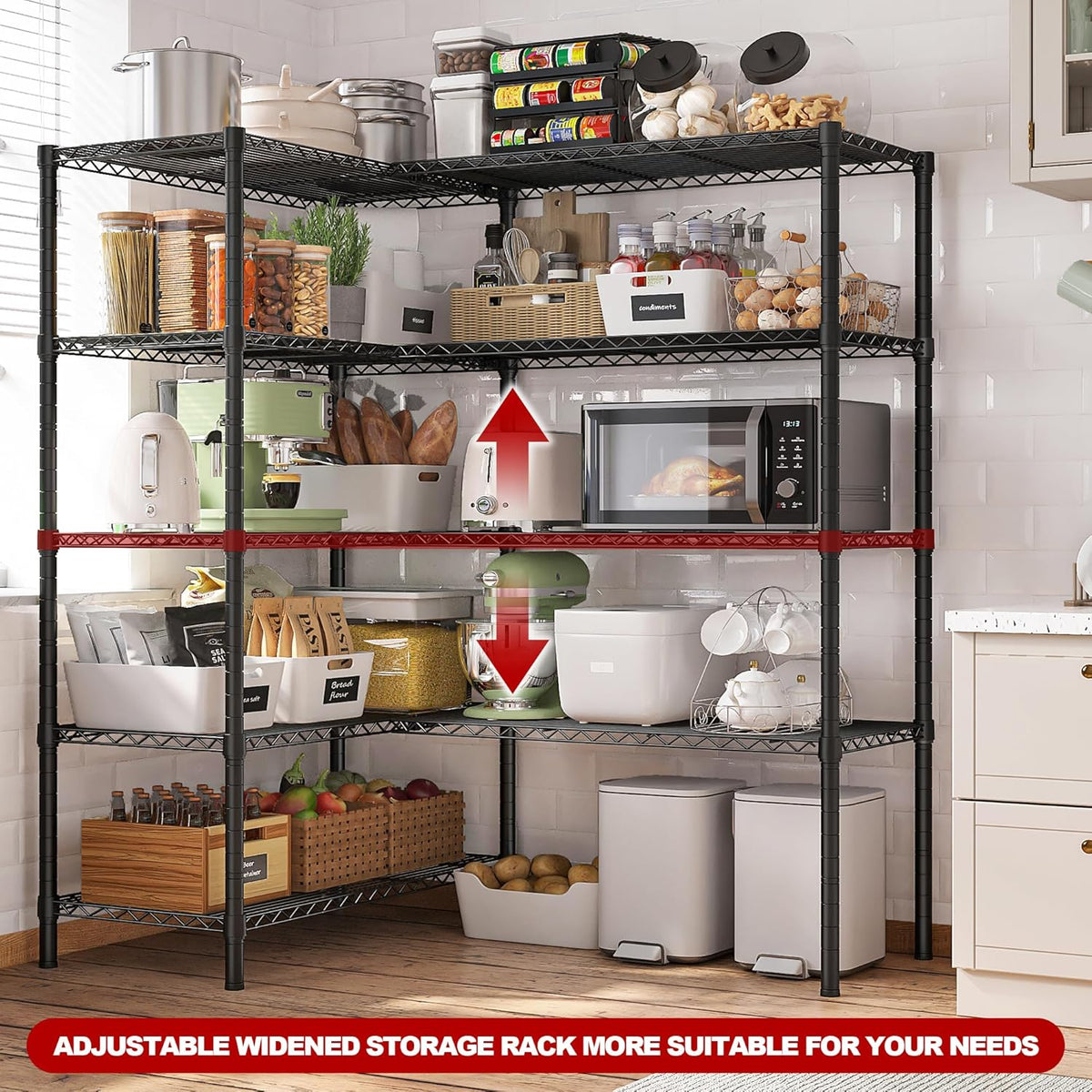 REIBII 5 Tier Wire Shelving Storage Shelves Loads 1430LBS, 58" W Metal Shelving for Storage Adjustable Shelving Unit Heavy Duty Garage Shelves Pantry Shelves Kitchen, Black