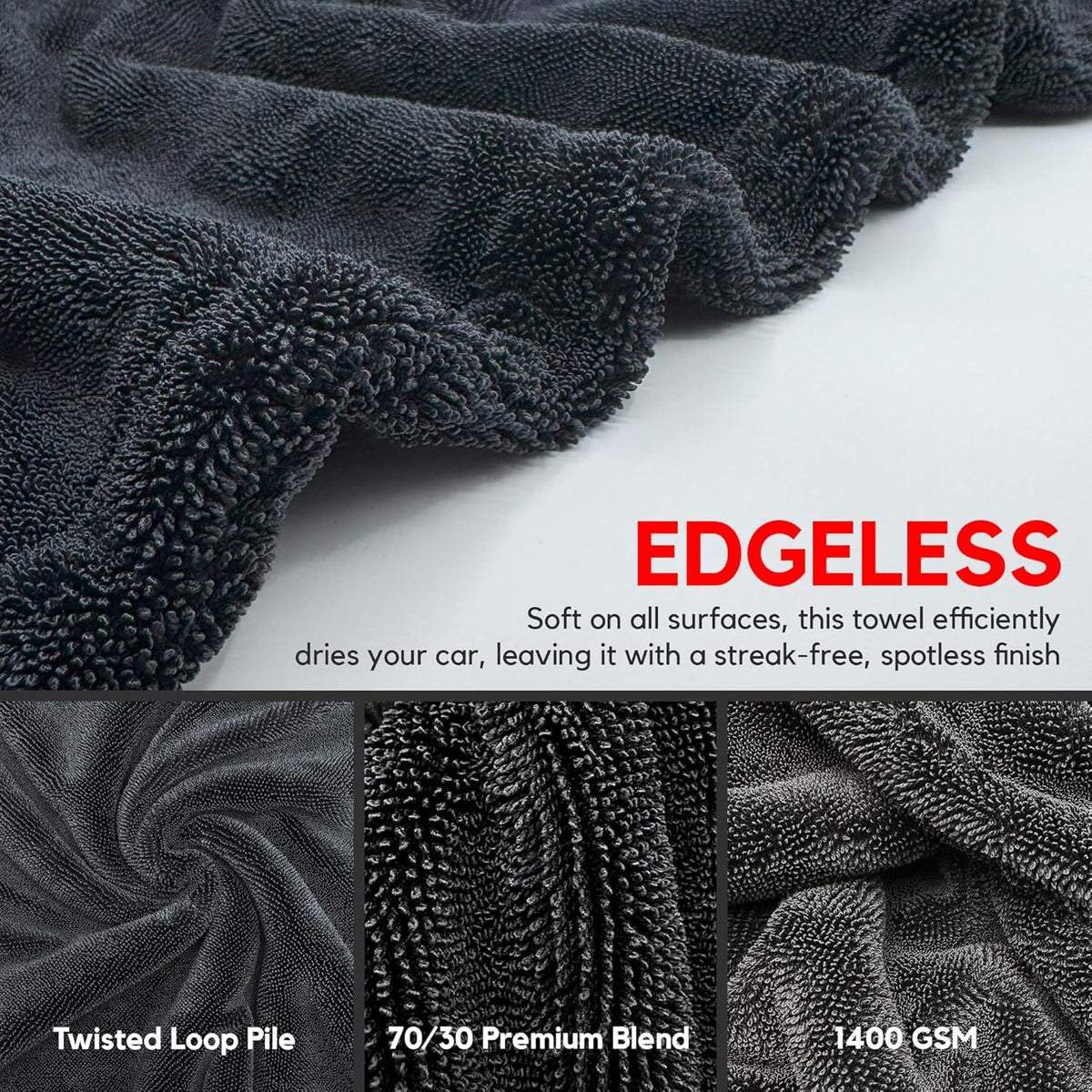 Extra Large Car Drying Towel - 1400 GSM Edgeless Twisted Loop Design - 70/30 Blend Microfiber Towels for Cars, Trucks, SUVs - Superior Absorption, Streak-Free - 24" x 36", Black