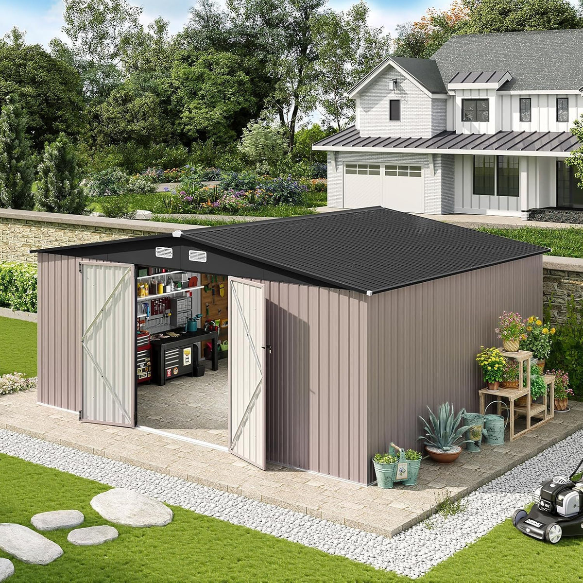 Aoxun 14x12 FT Shed Outdoor Storage Shed with Spacious and Tall Doors, Large Shed Steel Utility Tool Shed Storage House with Door & Lock, Metal Sheds with Sloped Roof for Garden Patio Poolside, Brown