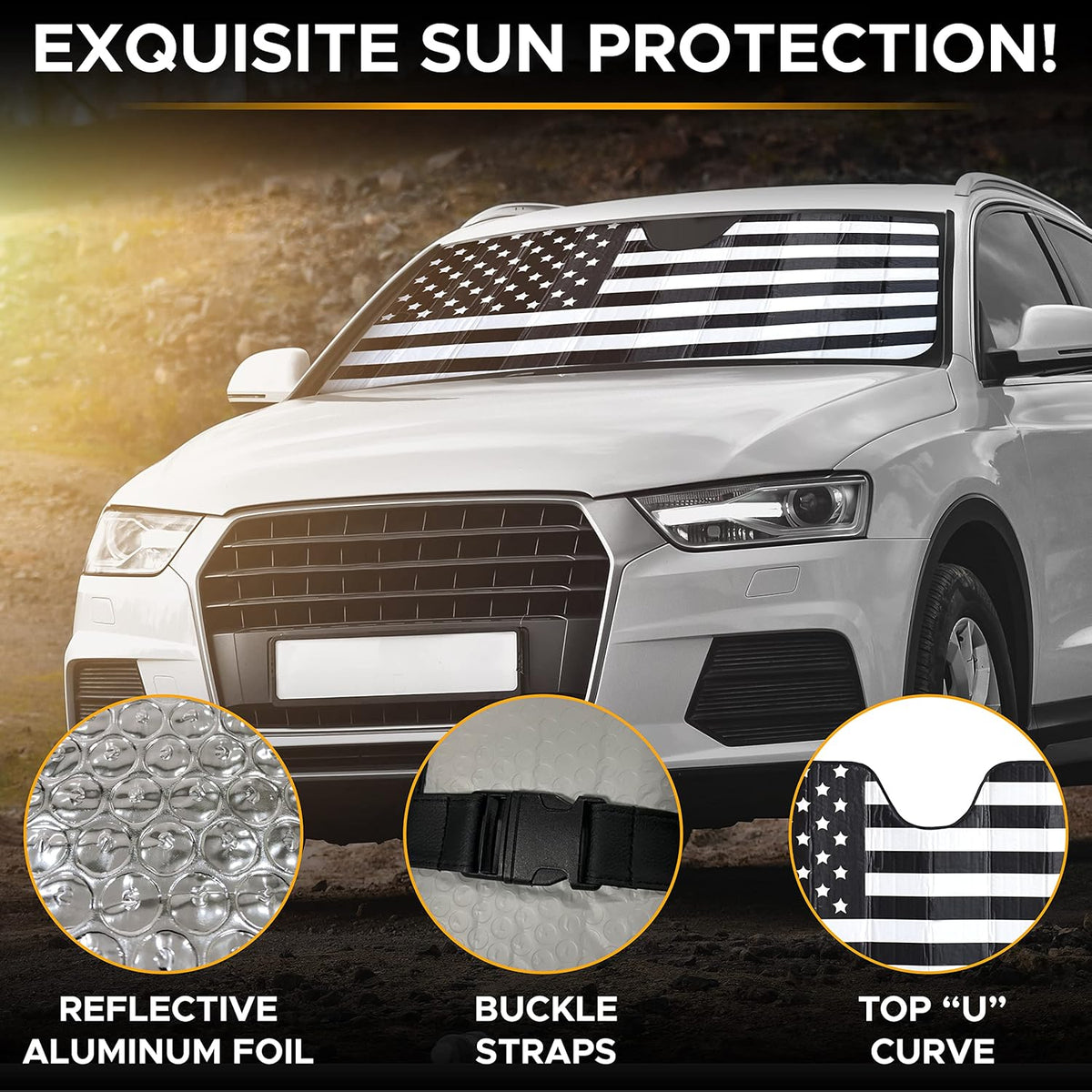 EcoNour Accordion Car Windshield Sun Shade American Flag Design | Reflective Car Window Shades for UV Protection & Heat Block | Foldable Sun Shield for Front Window | 58 x 27.5 Inches