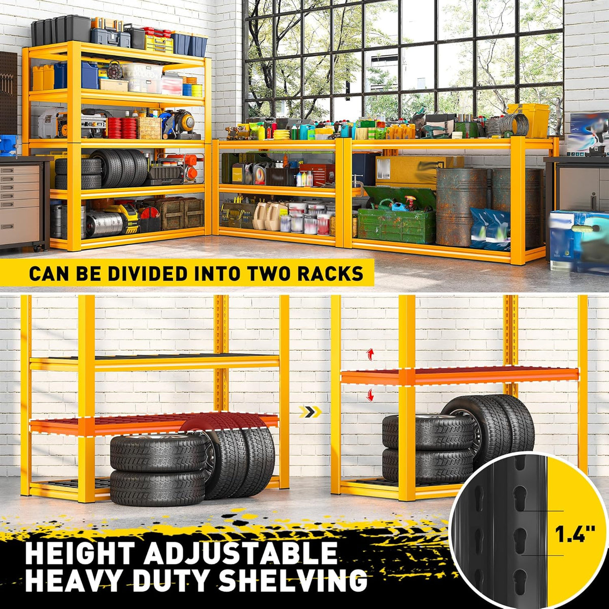 REIBII Garage Shelving Load 3000LBS, 5-Tier Storage Shelves, Adjustable Heavy Duty Metal Shelving Unit for Pantry, Basement, Warehouse, 72" H x 36" W x 16" D H, 3PC