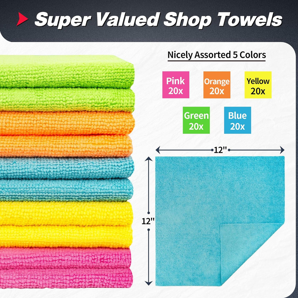 FIXSMITH Microfiber Cleaning Cloth, 100 Pack Shop Towels, Micro Fiber Cloth for Cleaning Car, All-Purpose Absorbent Cleaning Rags for Housekeeping, Dust Cloth for Office, Car Wash Towels, 12inx12in