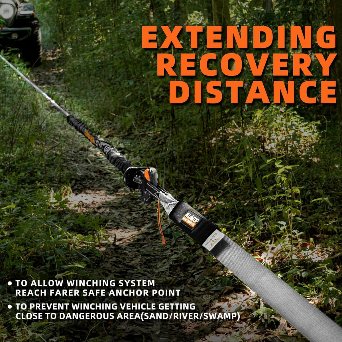 ALL-TOP Winch Extension Strap 2in x 65.6ft Min Break Strength 11000Lbs, Extend Reach of Winch Cable/Rope for Winch Rating Under 13500Lbs