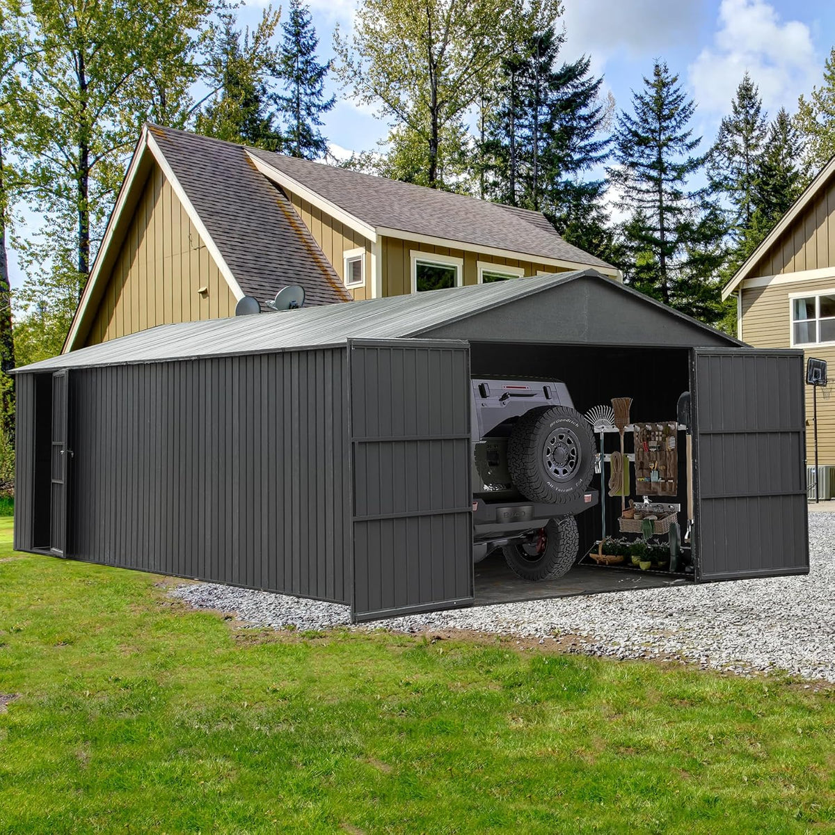 Domi 12x20FT Outdoor Garage Metal Shed, Extra Large Carport with Skylights & Dual-Entry, Backyard Storage Shed for Car, Truck, Lawn Mower and Tool, Dark Grey
