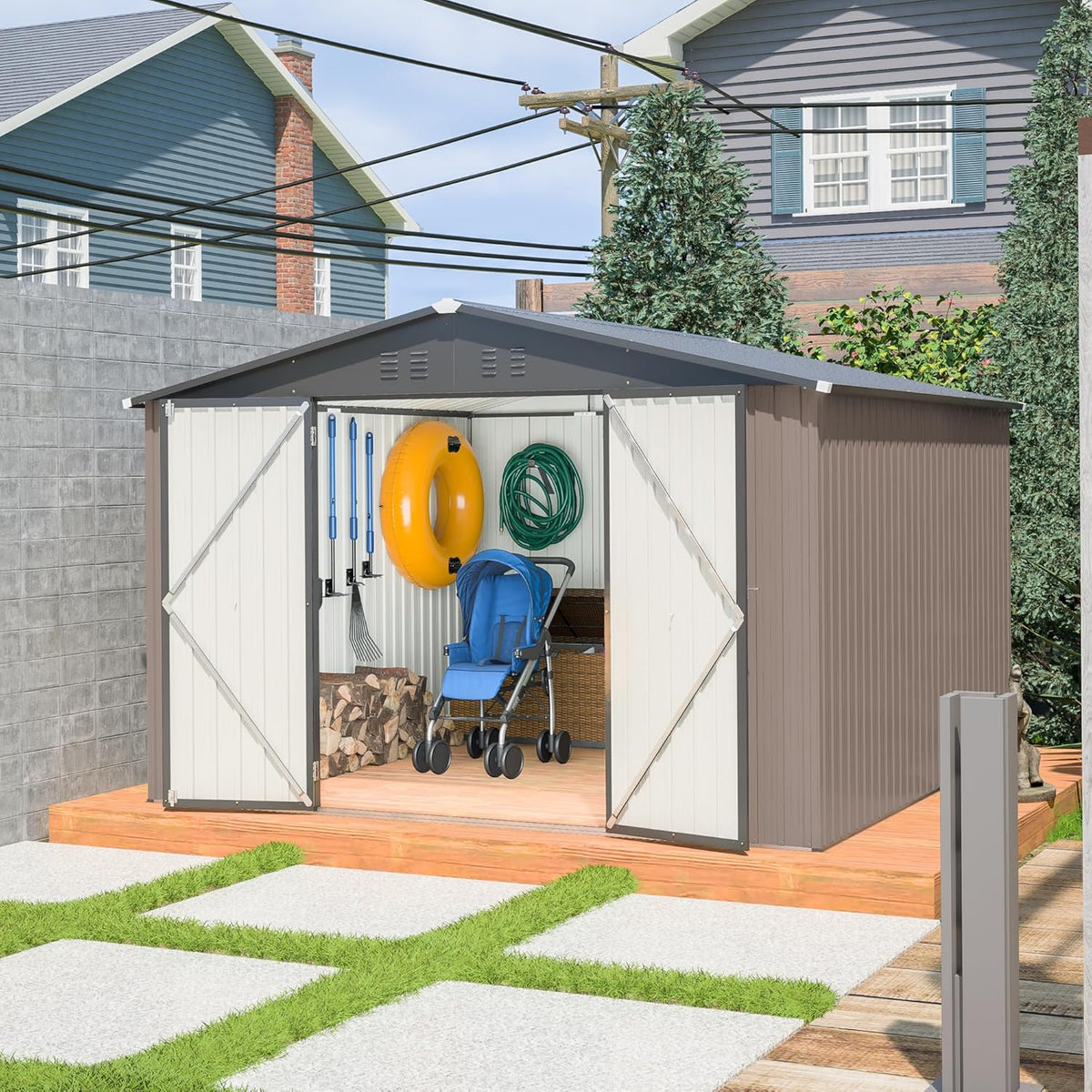 10 x 10 FT Outdoor Storage Shed, Large Metal Tool Sheds with Updated Frame Structure and Lockable Doors, Garden Shed for Backyard Garden Patio Lawn