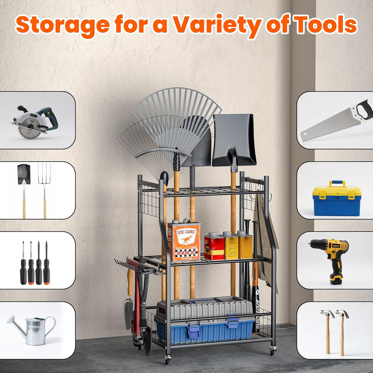 Ultrawall Garden Tool Organizer, Yard Tool Storage Stand for Garage with Lockable Wheels, Shed Tool Storage for Rake, Brooms, Indoor & Outdoor Use
