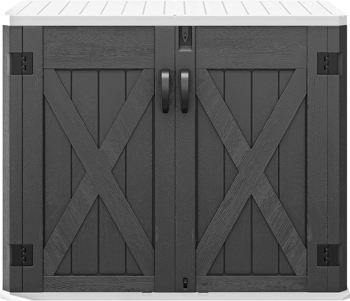 DWVO 35 Cu Ft Storage Shed with Unique X-Shaped Lockable Door, Outdoor Weatherproof Resin Shed Without Shelf for Waste Bins, Bicycles, Gardening & Lawn Equipment, Dark Gray