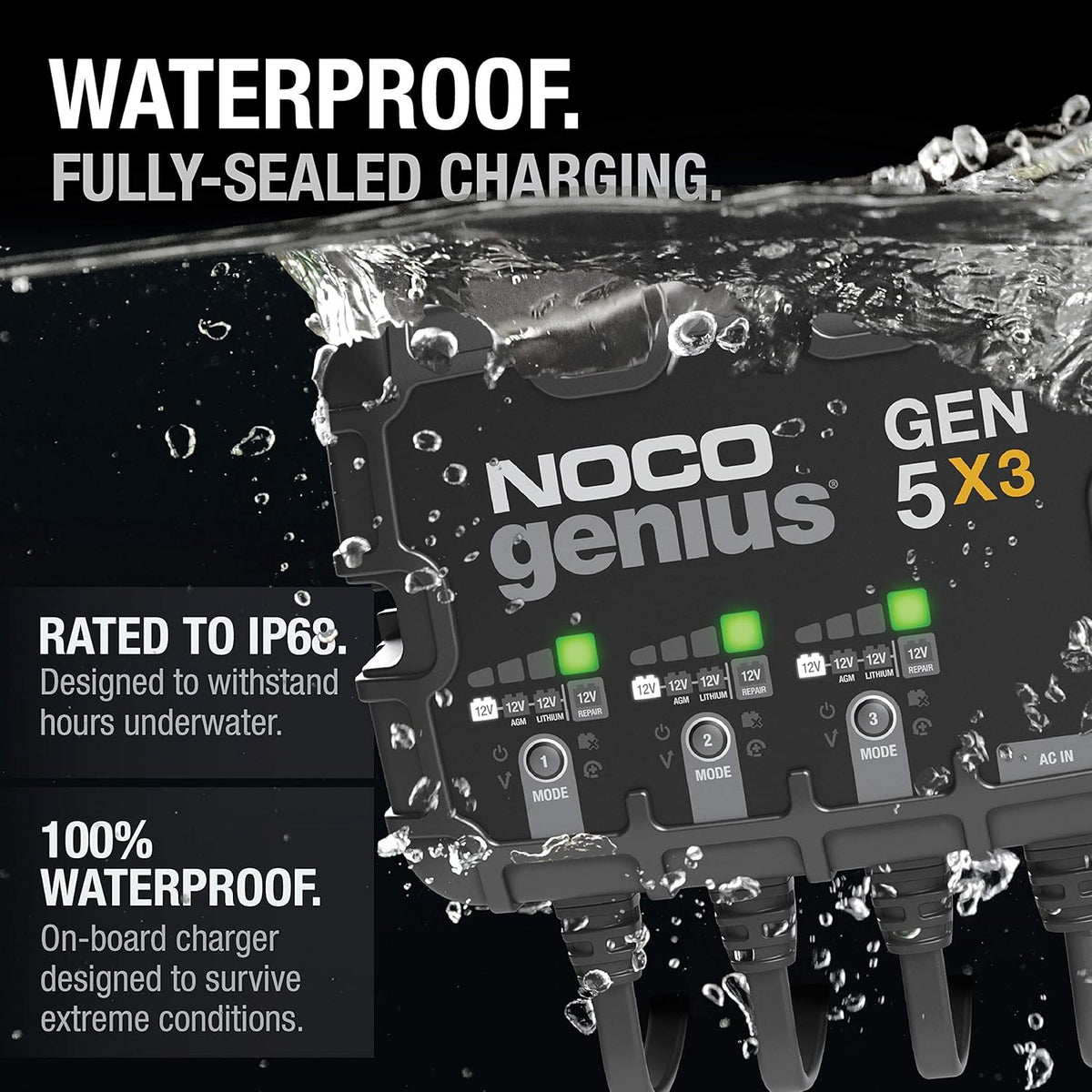 NOCO Genius GEN5X3: 3-Bank, 15A Onboard Battery Charger - 5A Per Bank, 12V Waterproof Marine Charger with Overcharge Protection & Temperature Compensation – for Lead-Acid & Lithium Batteries