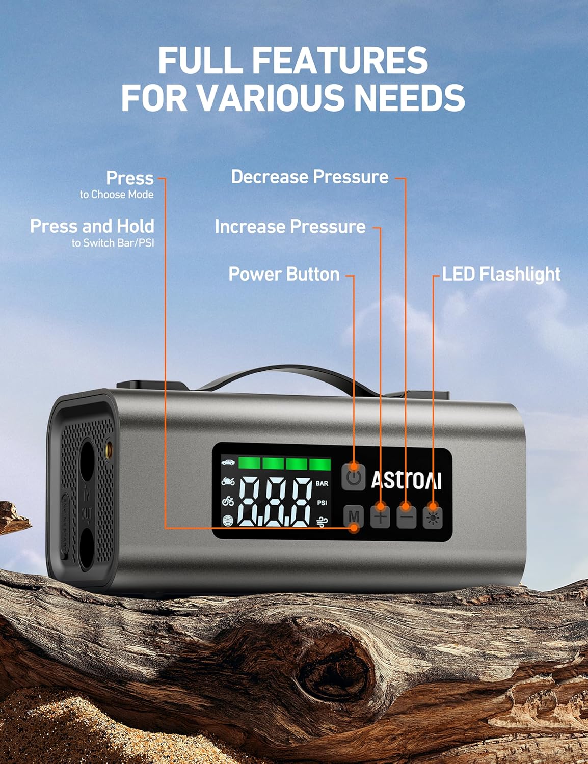 AstroAI Portable Car Battery Jump Starter with Air Compressor 2500A 150PSI 30W Quick Charger, 14800mAh Jump Box (7.5L Gas & 5.0L Diesel) 12V Jump Box with Booster, LED Light, Jumper Cables