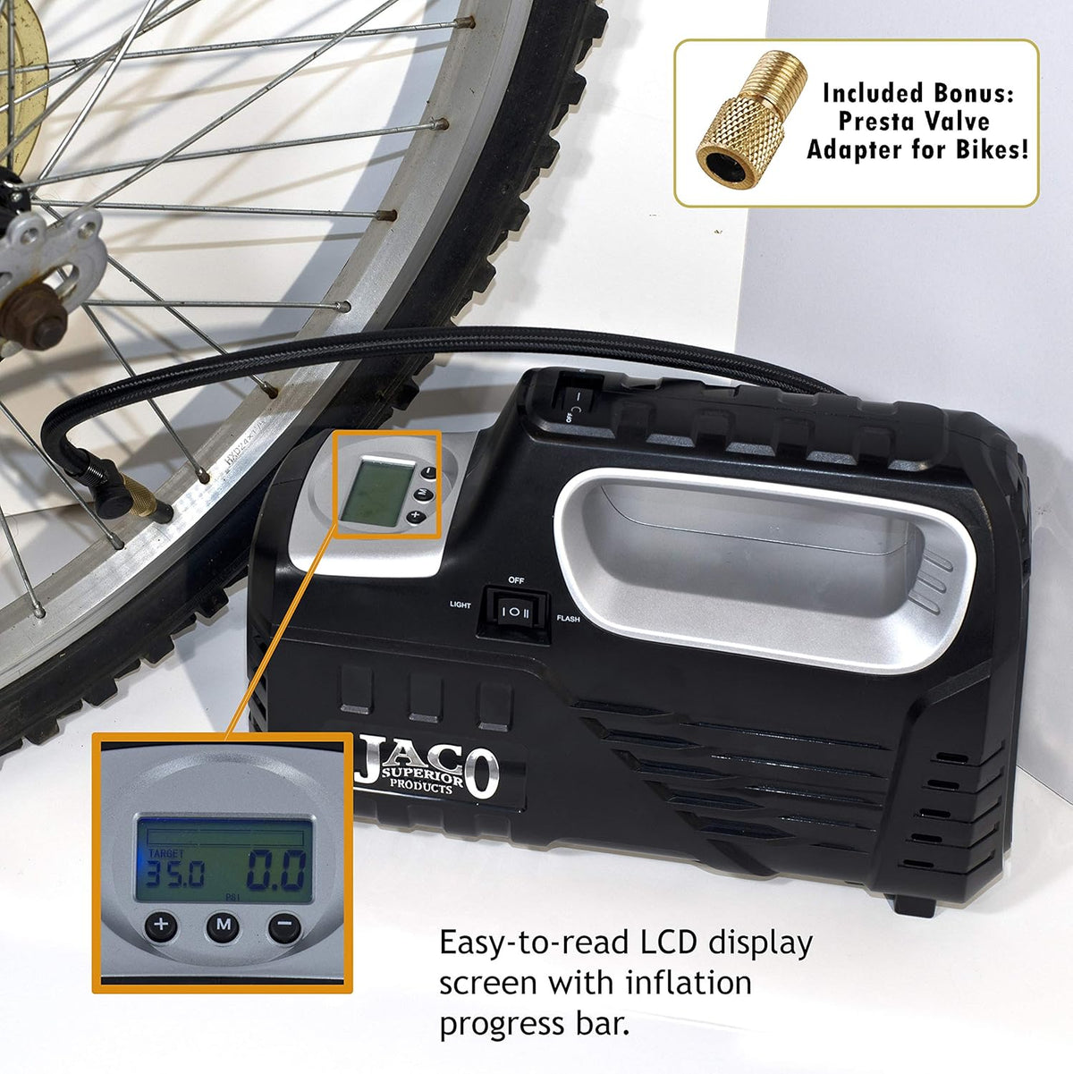 JACO SmartPro 2.0 AC/DC Digital Tire Inflator Pump - Automatic Portable Air Compressor - 100 PSI (12V DC, 110-120V AC)