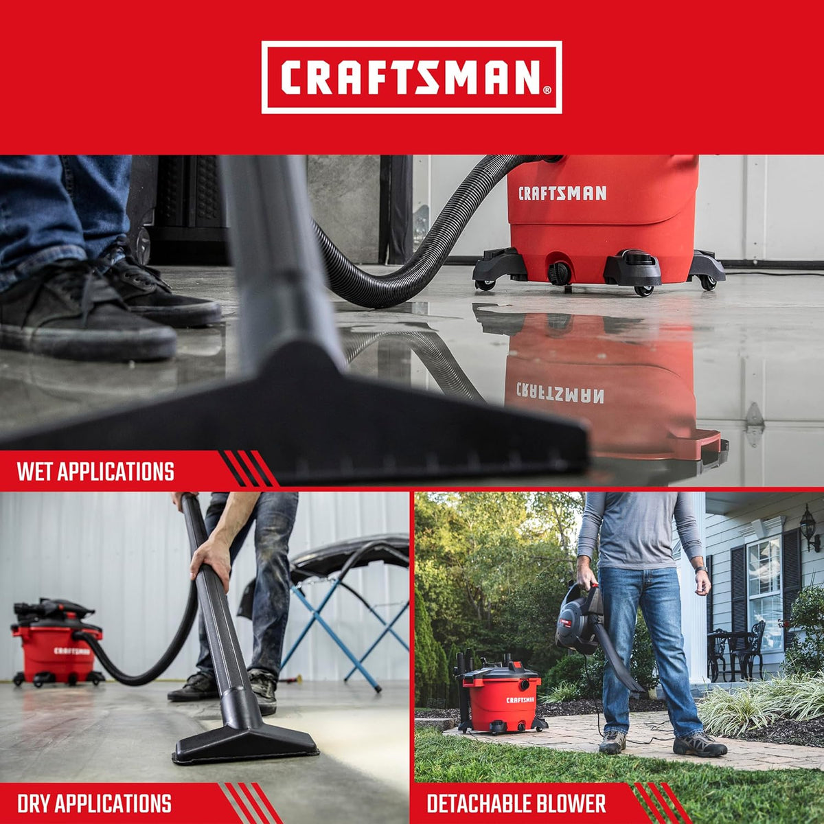 CRAFTSMAN CMXEVBE17607 16 Gallon 6.5 Peak HP Wet Dry Vac with Detachable Leaf Blower, Portable Shop Vacuum Wet and Dry with Filter, Dust Bags, Hose and Attachments for Garage, Outdoor Cleaning