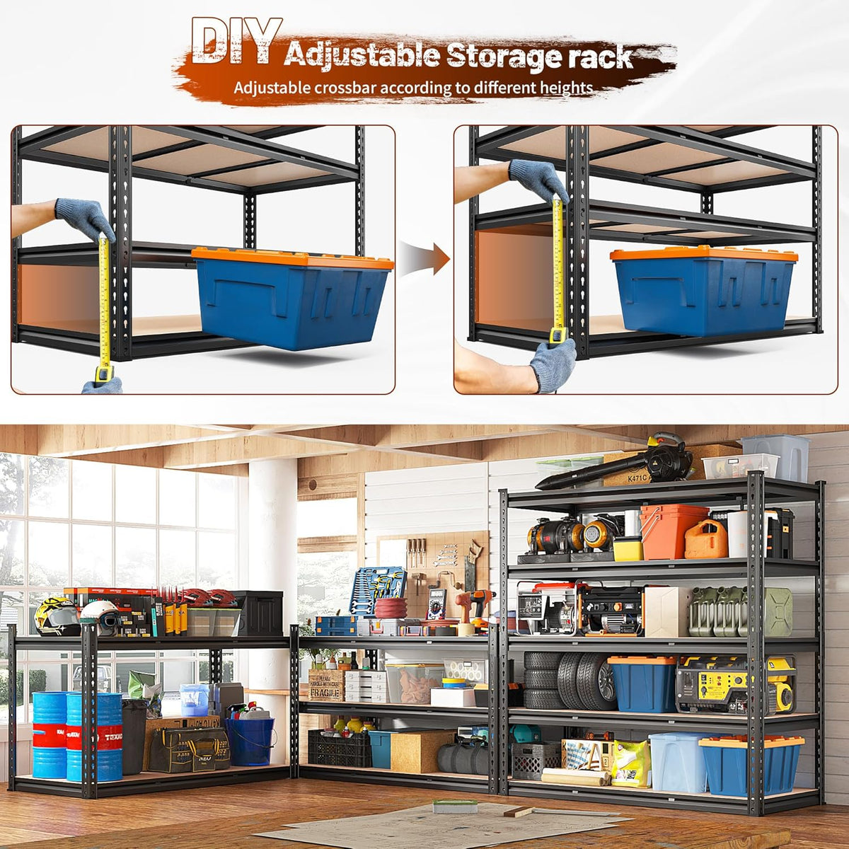 REIBII 48.2" W Garage Shelving, Storage Shelves Load 3000LBS, Adjustable Garage Shelving Heavy Duty for Pantry, Basement, Warehouse, 48.2" W X 71.9" H X 24" D, Black
