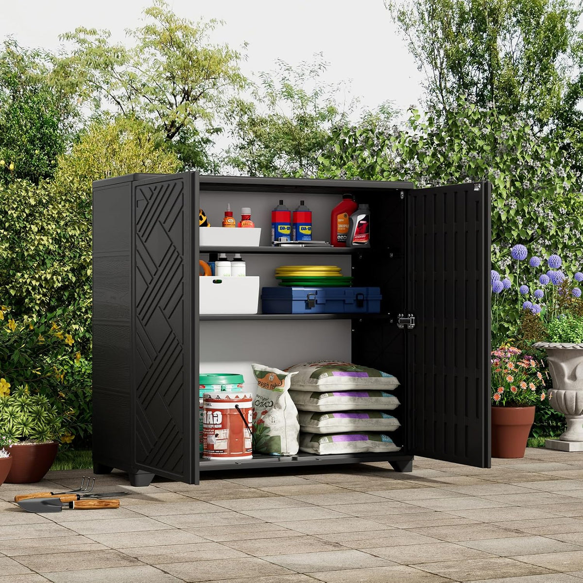 ZZM Indoor/Outdoor Storage Cabinet Waterproof, 34"x15"x34" Plastic Outdoor Storage Box for Garden Balcony Bathroom, All Weather Outdoor Storage Clearance, DIY Usage, with 2 Shelf (Black)