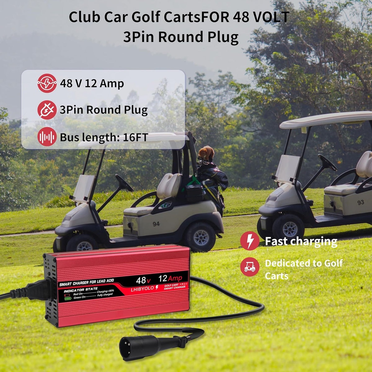 48V Golf Cart Battery Charger for 12A Club Car,with 3 Pin Round Plug, 12 Amp Golf Cart Battery Charger 48 Volt Club Car Charger,16FT