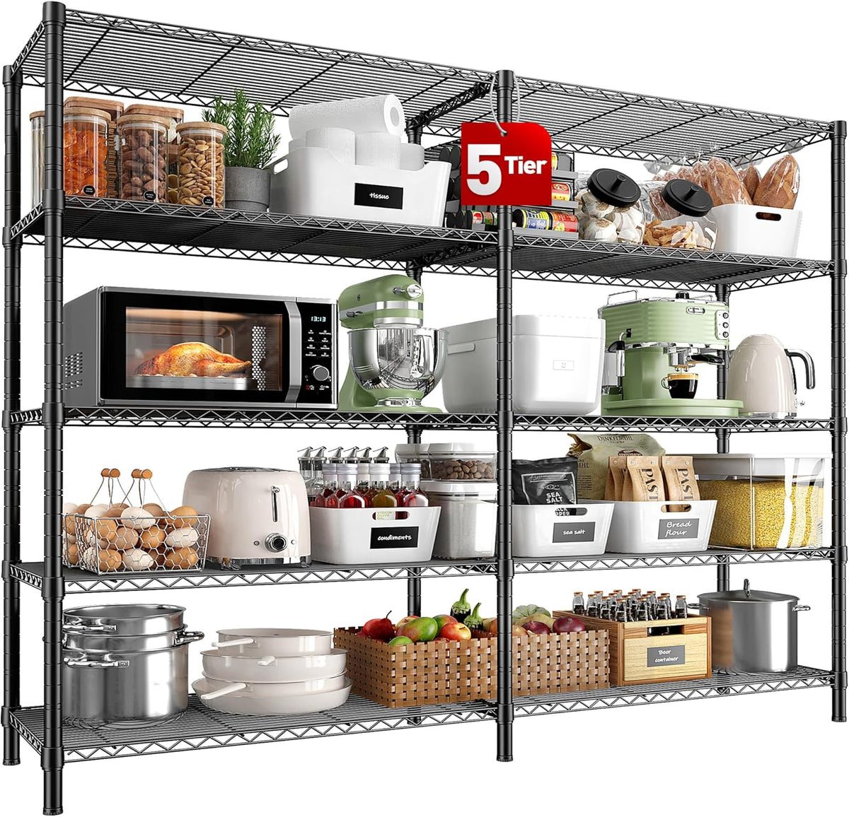 REIBII 5 Tier Wire Shelving Storage Shelves Loads 1430LBS, 58" W Metal Shelving for Storage Adjustable Shelving Unit Heavy Duty Garage Shelves Pantry Shelves Kitchen, Black