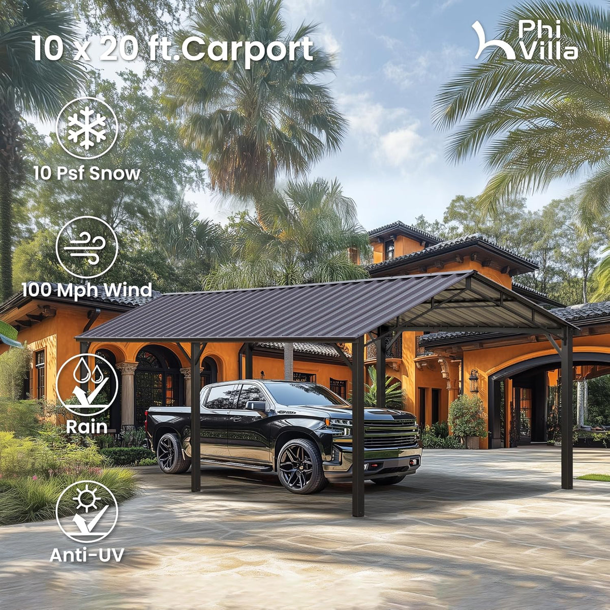 PHI VILLA 10 x 20 ft Carport Metal Carports with Galvanized Steel Roof, Sturdy Heavy Duty Metal Carport for Cars, Boats, and Tractors