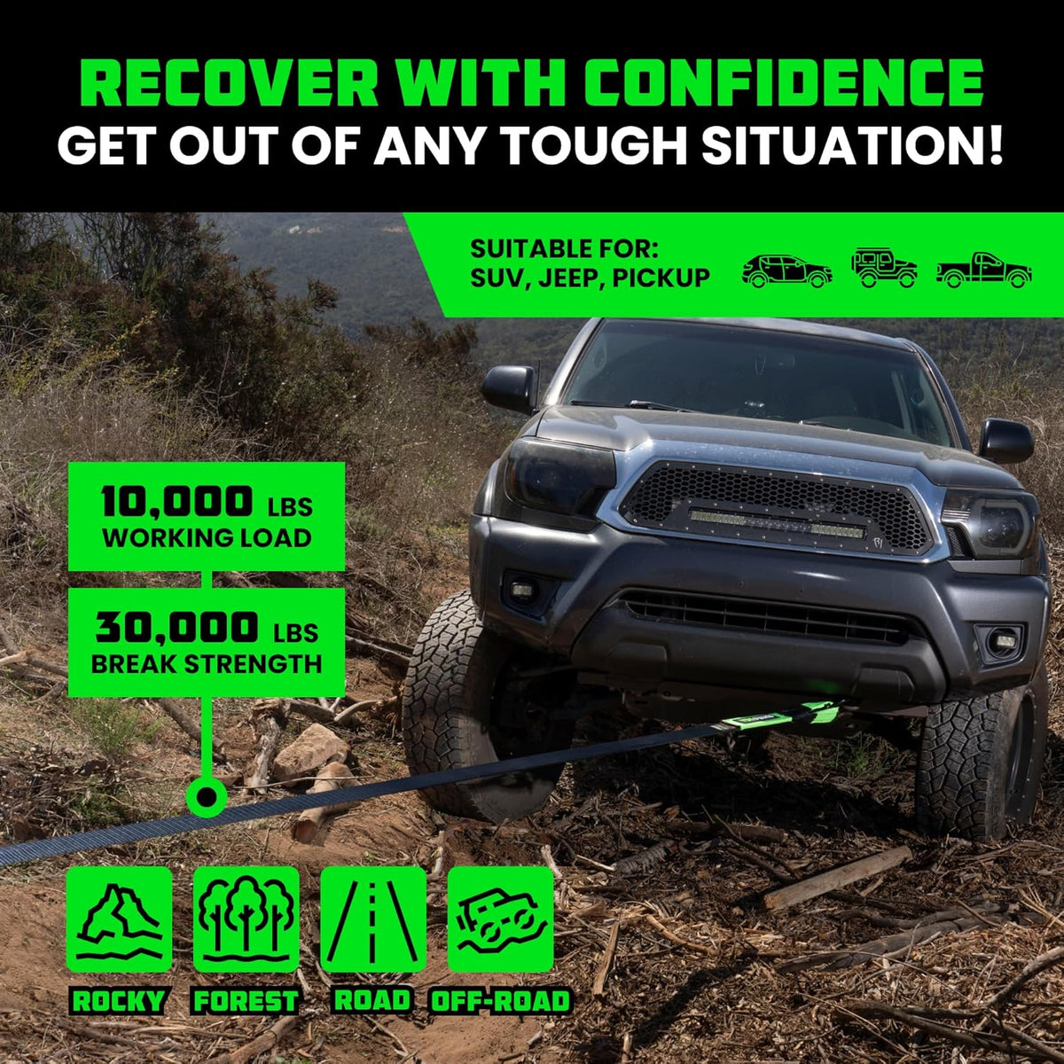 Rhino USA Recovery Tow Strap (3" x 30') - 31,518lb Break Strength - Emergency Recovery Strap Tow Rope for Truck, UTV, ATV & More - Heavy Duty Towing Strap for Offroad 4x4 Use - Compatible with Jeep
