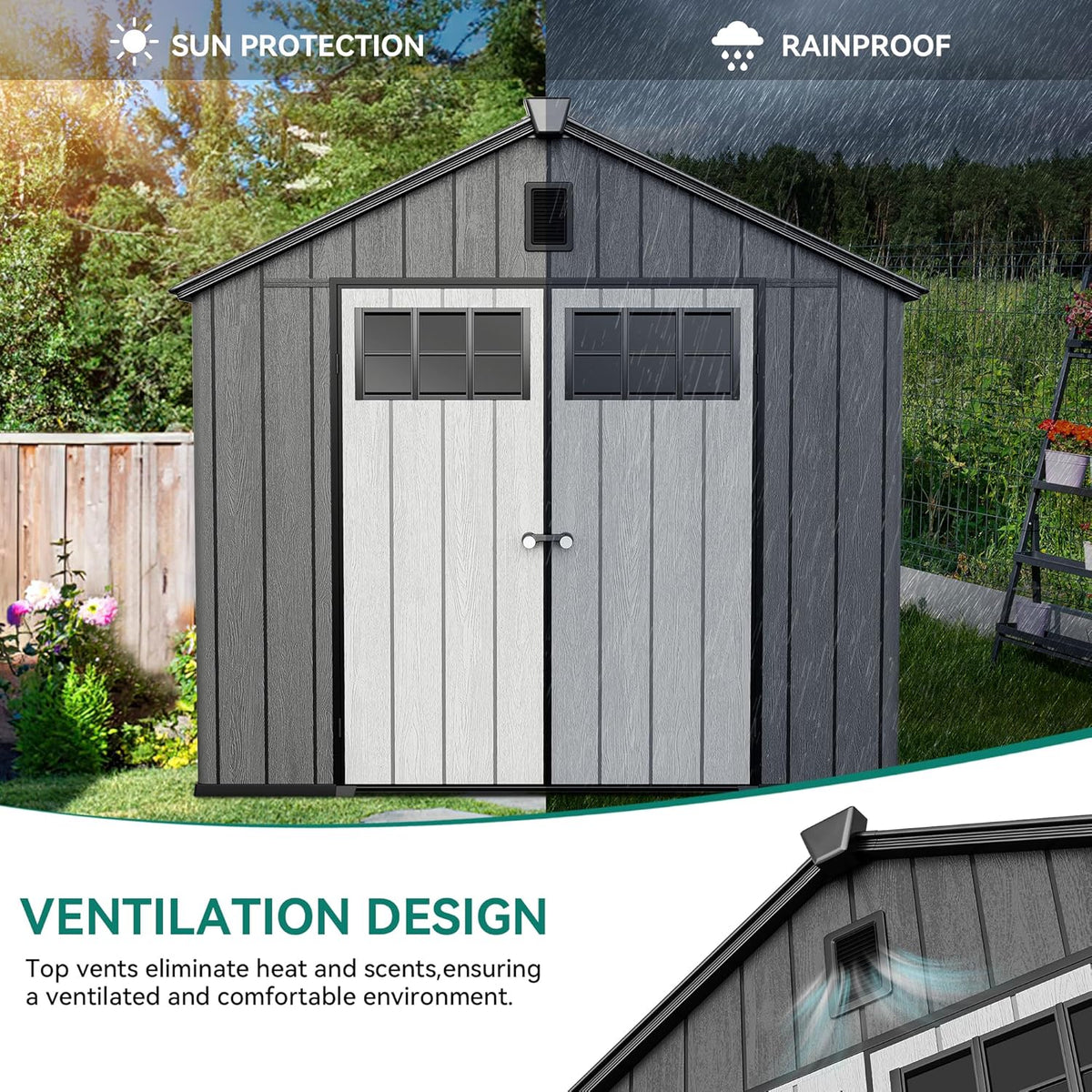 YITAHOME Outdoor Storage Shed 8x10 Ft, Plastic Storage Sheds with Floor, Lockable Doors, Windows, and Vents for Patio, Lawn, Backyard, Large Garden Storage for Bikes, Mowers, and Garden Tools, Black
