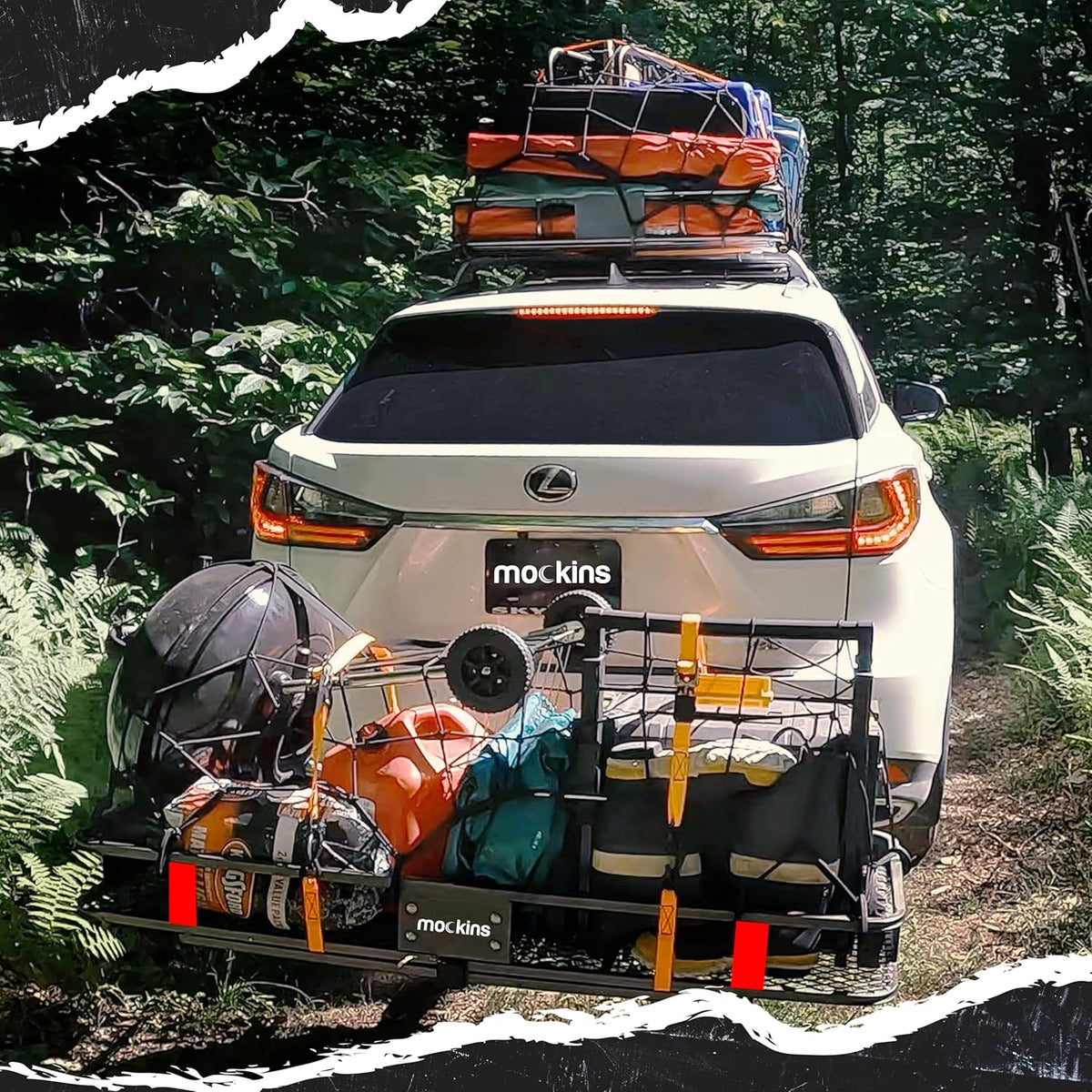 Mockins 60"x20"x6" Trailer Hitch Cargo Carrier | Weatherproof Steel Folding Luggage Rack for Car, SUV & Truck w/ 500 lbs. Capacity | 2" Receiver Hitch Rack Luggage Carrier & Cargo Trailer Accessories