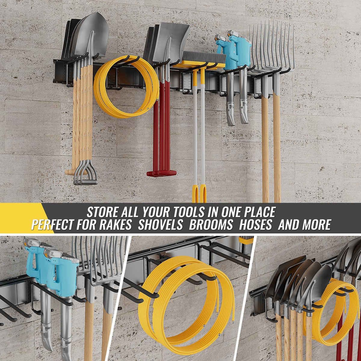 Garage Tool Rack Wall Mount – 64 inches Heavy-Duty Garden Tool Holder with 8 Adjustable Hanging Hooks – Garage Wall Storage Organizer for Shovel, Rake – Max Load 720 lbs (64 inch)