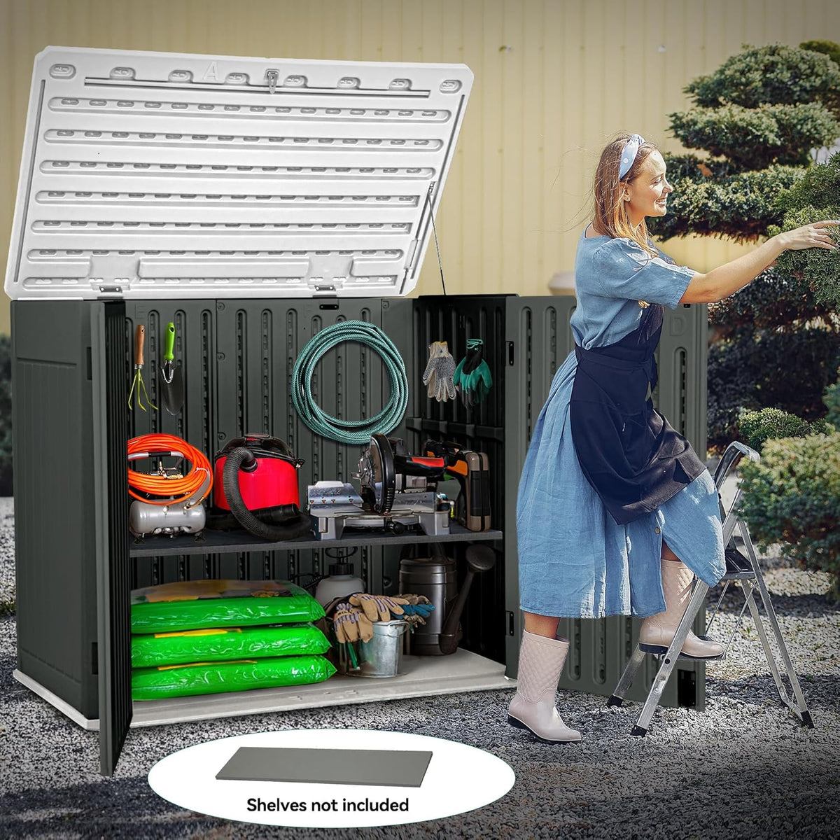 YITAHOME Extra Large Outdoor Horizontal Storage Shed, 4.5x4ft Resin Tool Sheds w/o Shelf, Easy to Assemble Waterproof Storage for Trash Cans, Garden Tools, Lawn Mower, Lockable, Dark Gray