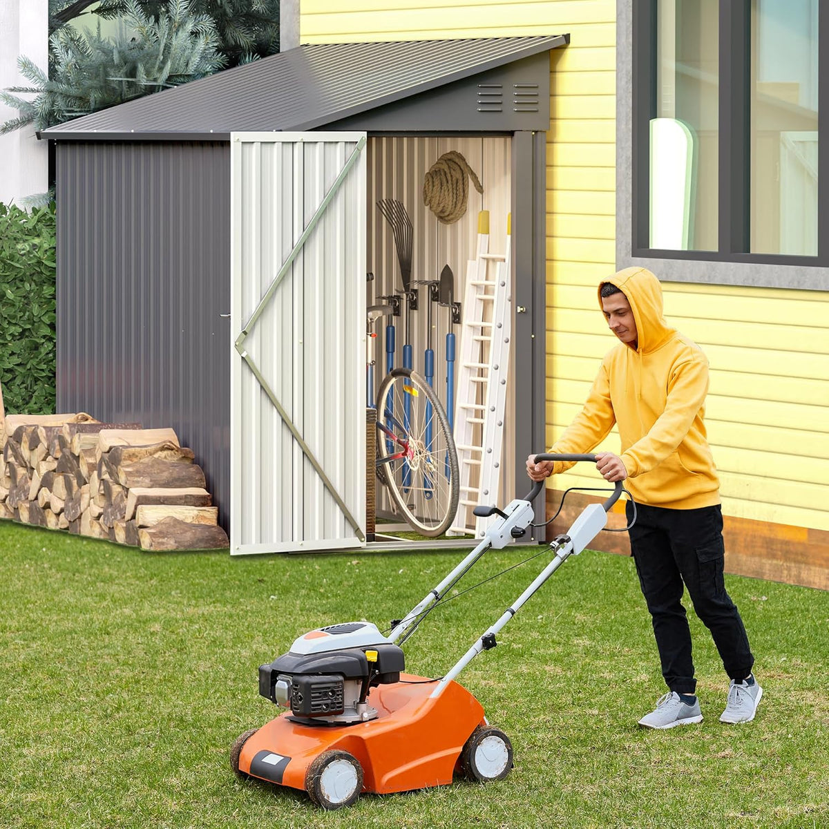Storage Shed 4 * 8 FT Lean to Shed Metal Sheds & Outdoor Storage Cabinet Lockable Tool Organization Bike Mower Shed Portable Outside for Garden Patio, Grey