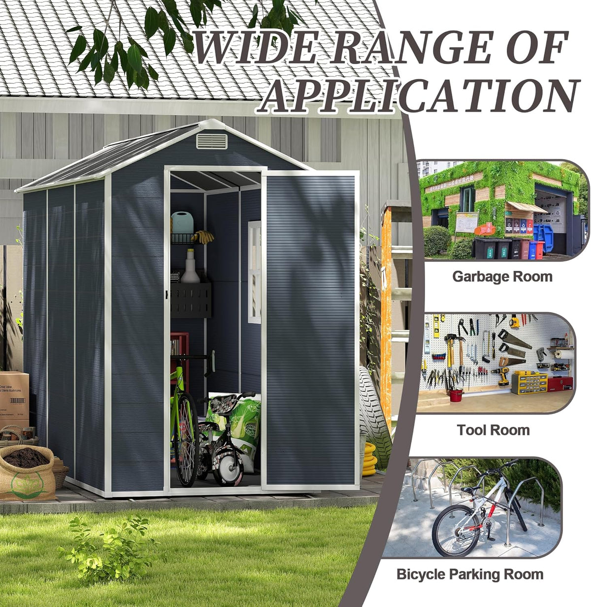 8x4 FT Outdoor Storage Resin Shed with Floor,Waterproof Plastic Garden Bike Shed with Lockable Door, Sloped Roof, Vents & Windows, Easy Assembly Tool Shed for Lawn, Backyard, Patio, Black