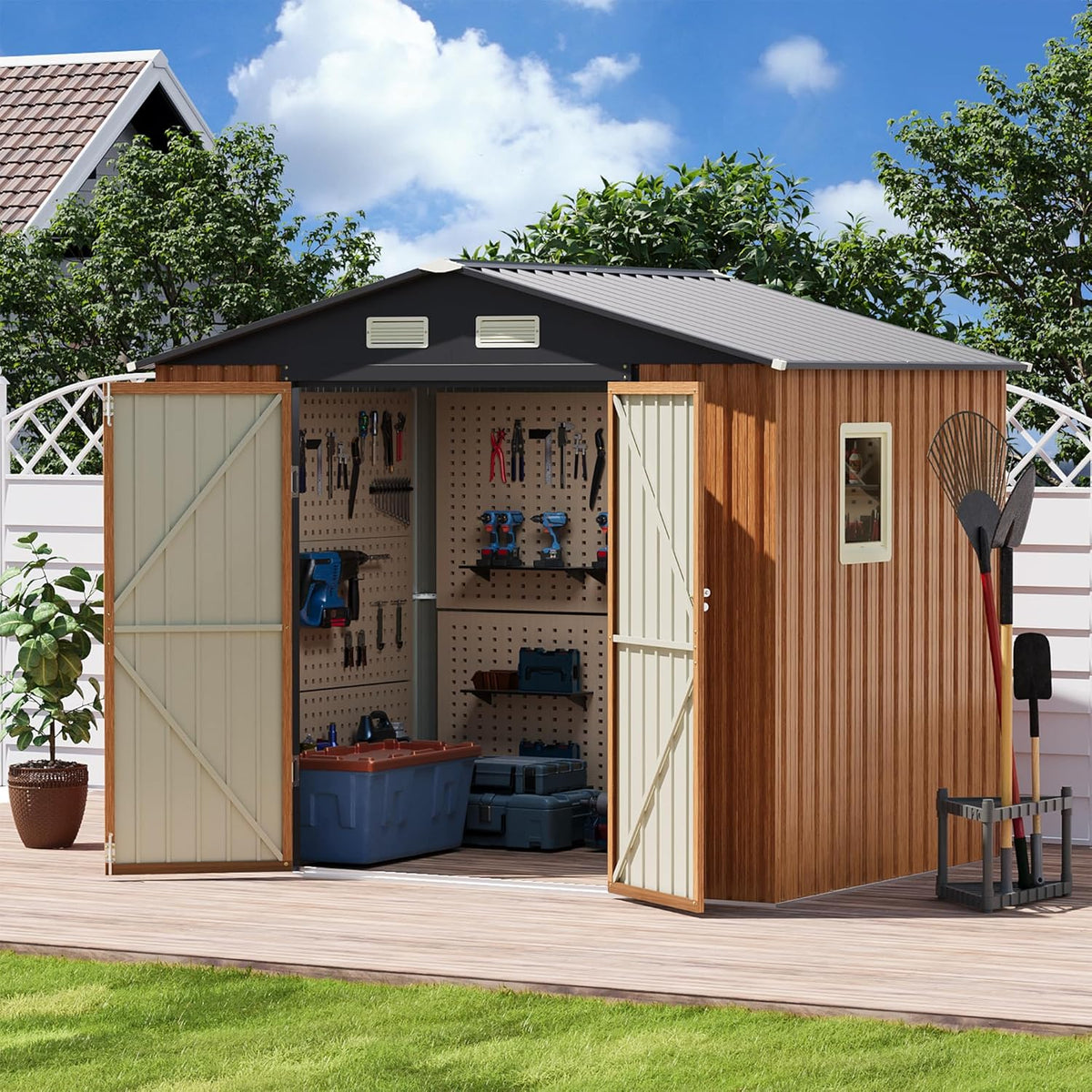 8x6FT Outdoor Storage Shed, Metal Garden Shed with Floor Base, Lockable Doors and Window, Large Tool Shed for Backyard, Patio and Lawn
