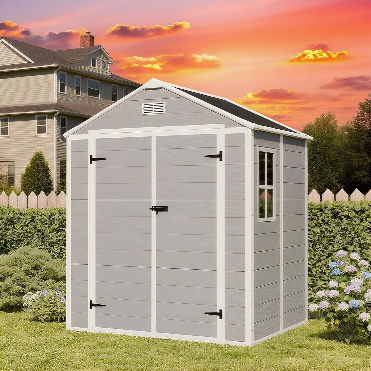 6x5 FT Outdoor Storage Resin Shed with Floor, Waterproof Plastic Garden Tool Shed with Windows, Vents & Lockable Door and Sloped Roof, Easy to Assemble Bike Shed for Patio, Backyard, Lawn, Grey