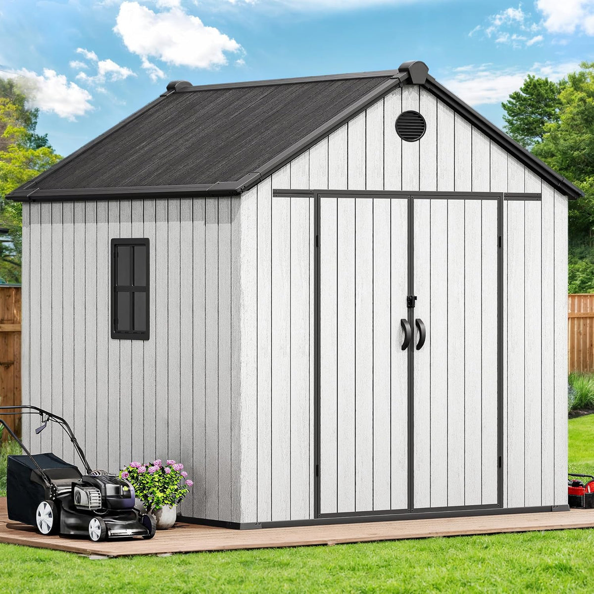 YITAHOME Large Resin Shed with Floor, Windows & Vents, 7.3 x 7.3 ft Weatherproof Tool Storage, Outdoor Storage Shed for Patio, Lawn Mower, and Bike, Gray