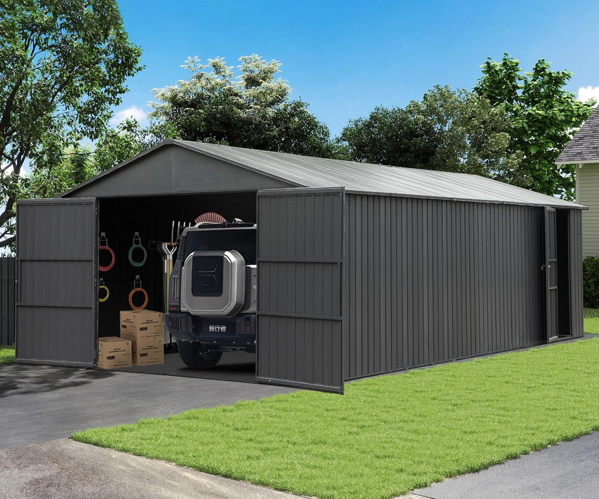 Domi 12x15FT Outdoor Metal Garage Shed, Extra Large Carport with Skylights & Dual-Entry, Backyard Storage Shed for Car, Truck, Lawn Mower and Tool, Dark Grey