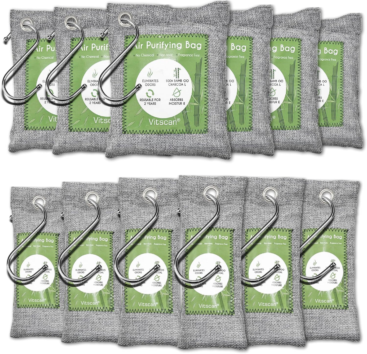 12 Pack Bamboo Air Purifying Bag, Activated Charcoal Bags Odor Absorber, Moisture Absorber, Natural Car Air Freshener, Shoe Deodorizer, Odor Eliminators For Home, Pet, Closet (6x50g, 6x150g)
