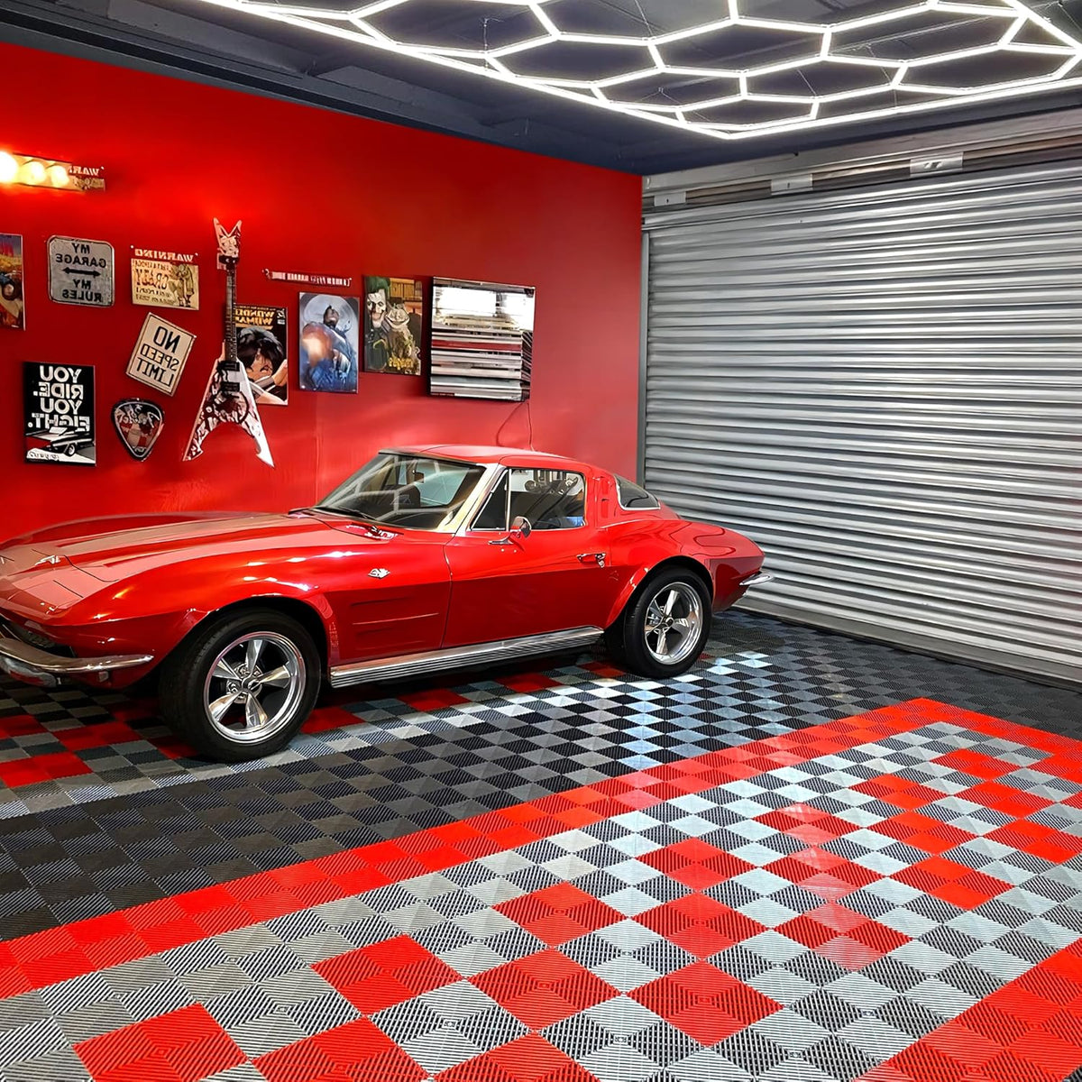15.7"x15.7" Garage Flooring Tiles, Non-Slip Interlocking Plastic Garage Floor Mat, Garage Organization & Garage Storage, Vented Pattern (red, 25pcs)