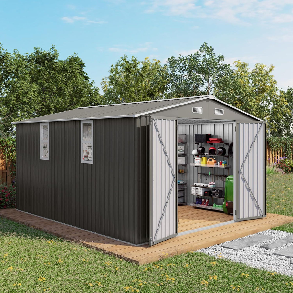 10x12 FT Outdoor Storage Shed with Windows, Metal Sheds & Outdoor Storage with Lockable Door and 4 Vents, Outside Storage Shed Waterproof for Backyard, Garden, Patio, Gray