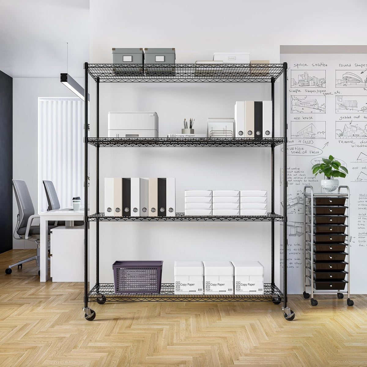 Seville Classics UltraDurable Heavy Duty NSF Solid Steel Wire Rack Storage Unit, Organizer for Garage, Warehouse, Office, Restaurant, Classroom, Kitchen, Black, 4-Tier Shelving, 60" W x 24" D
