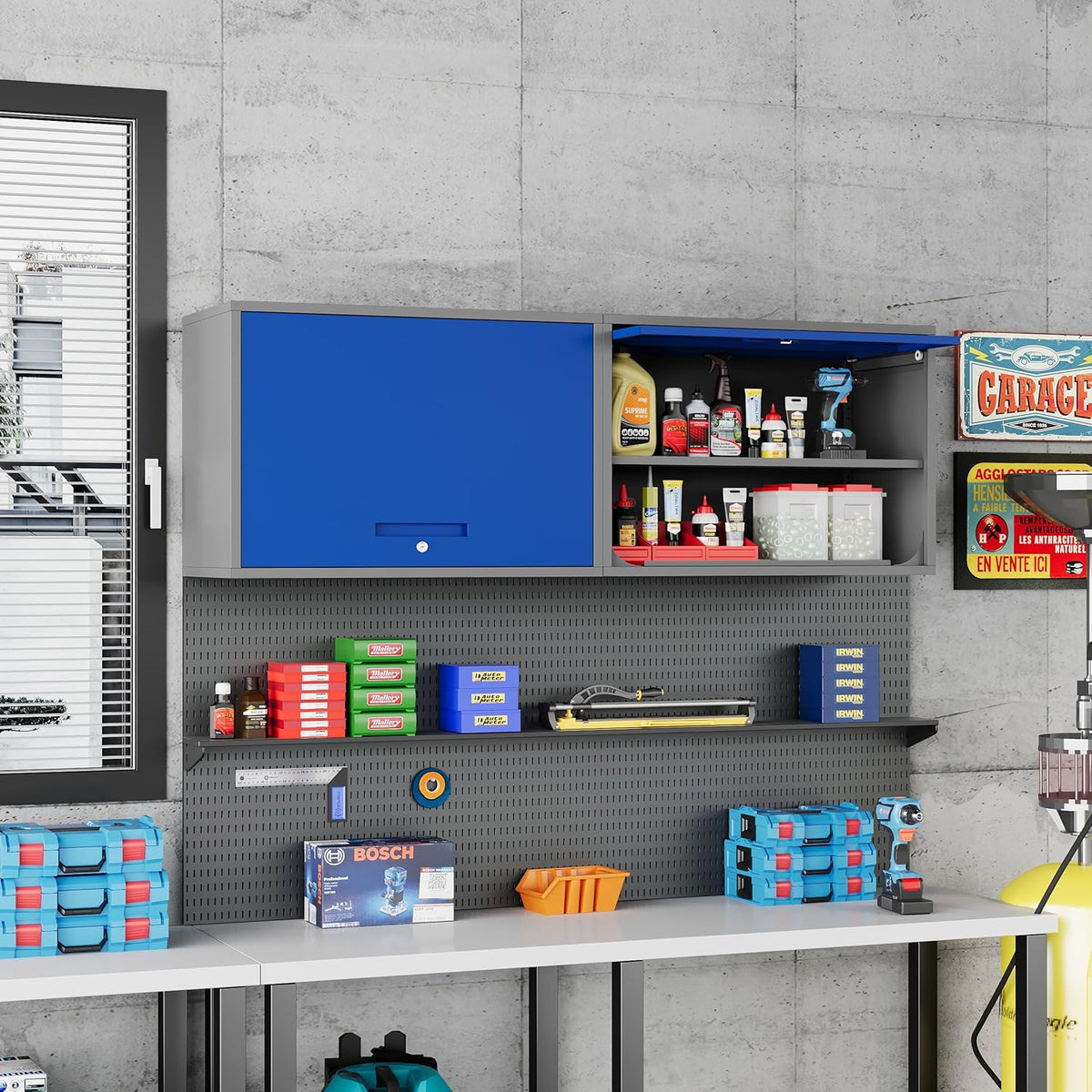 Metal Storage Cabinet Blue&Gray Wall Cabinets with Shelf and Locking Door - Wall Mounted Storage Cabinet for Garage Warehouse Home Office - Assembly Required
