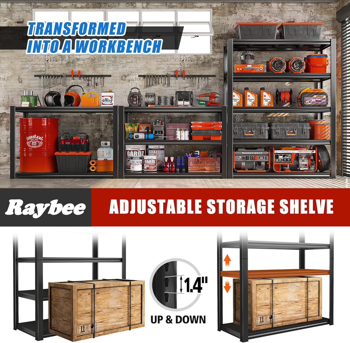 Raybee 5-Tier Industrial Heavy Duty Storage Shelving, 32" W x 16.5" D x 63" H, Black Metal Garage Shelving, 2000LBS Capacity